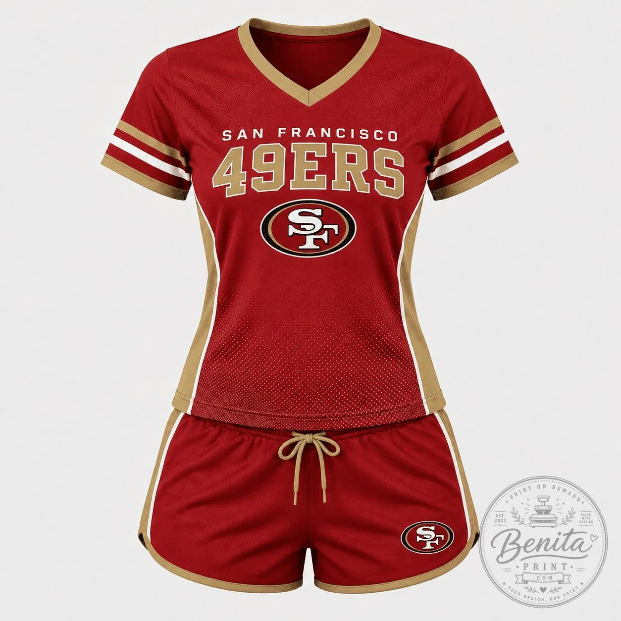 San Francisco 49ers Women's Red and Gold V-Neck T-Shirt and Shorts Pajama Set