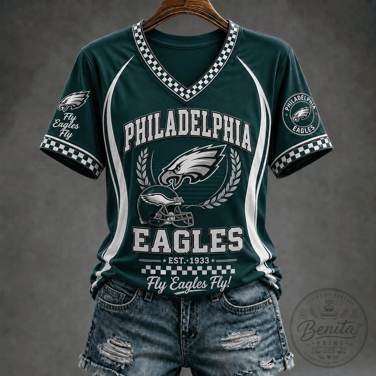Philadelphia Eagles Football Team Spirit V-Neck Short Sleeve Jersey for Women