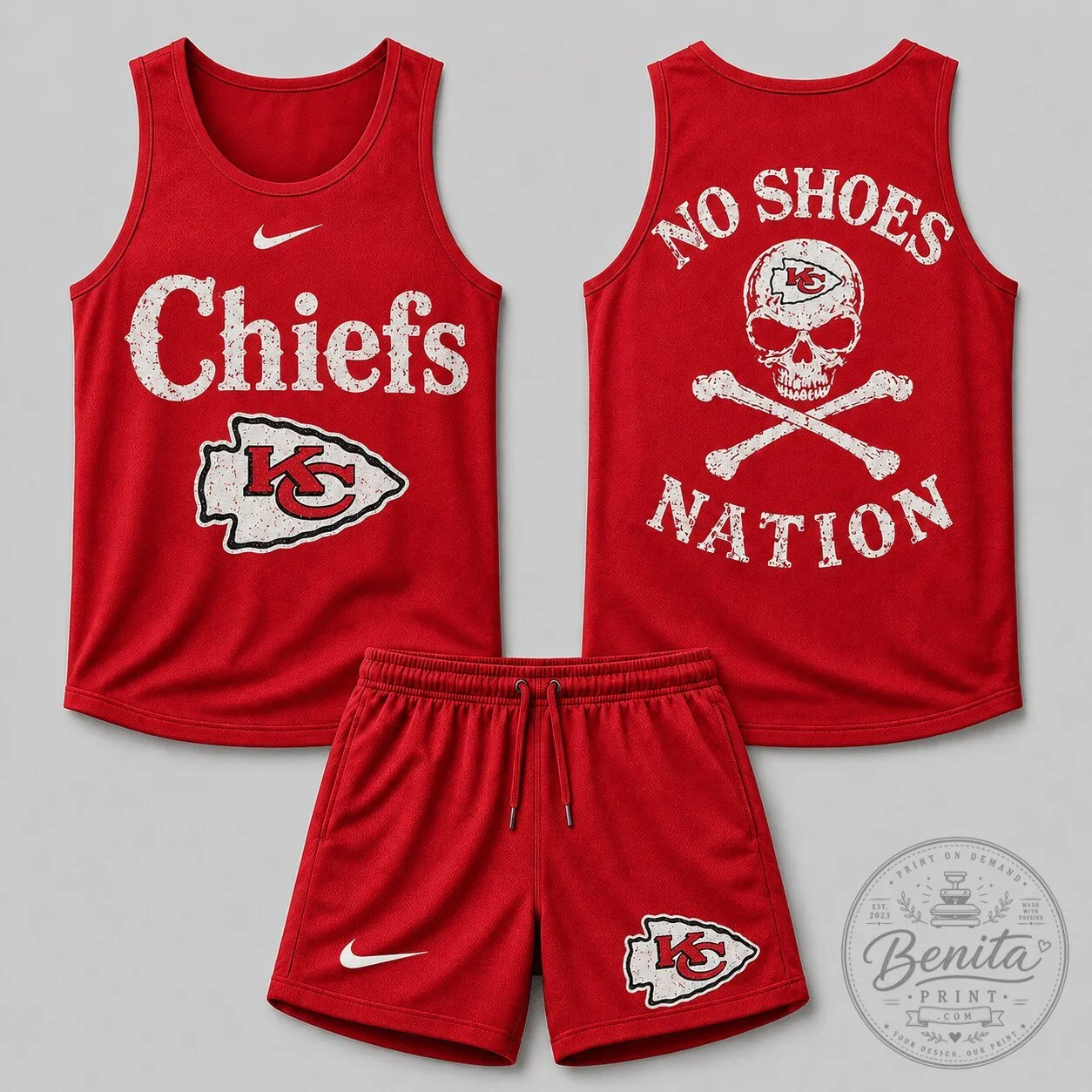 Kansas City Chiefs Skull Crossbones Tank and Shorts Set for No Shoes Nation 1 Kansas City Chiefs Skull Crossbones Tank and Shorts Set for No Shoes Nation