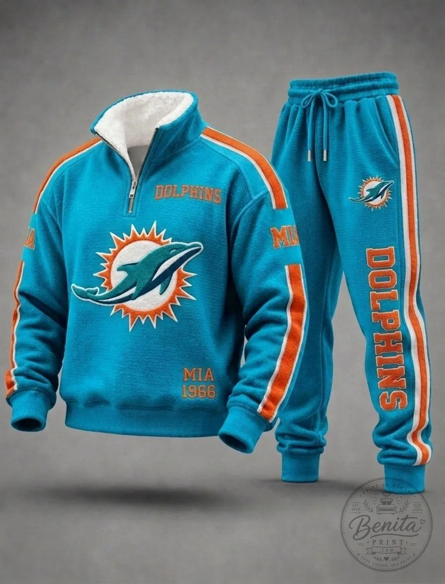 Miami Dolphins Football Team Half-Zip Sweatshirt and Sweatpants Set