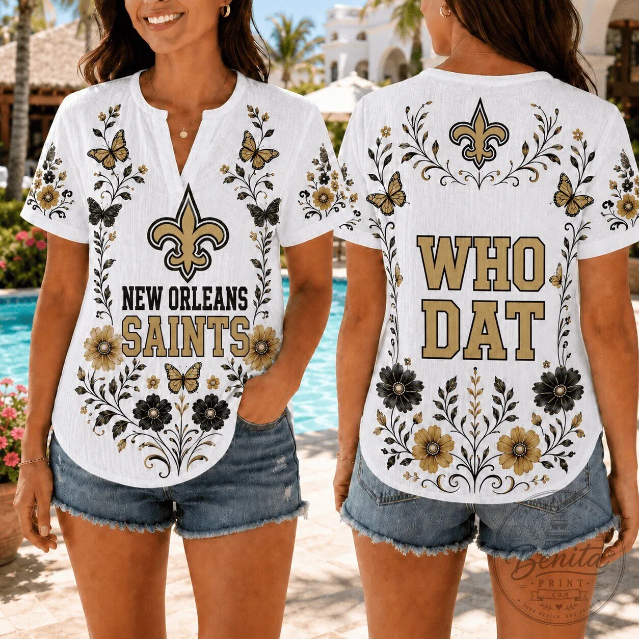New Orleans Saints Floral Butterfly Game Day Women's Short Sleeve T-Shirt