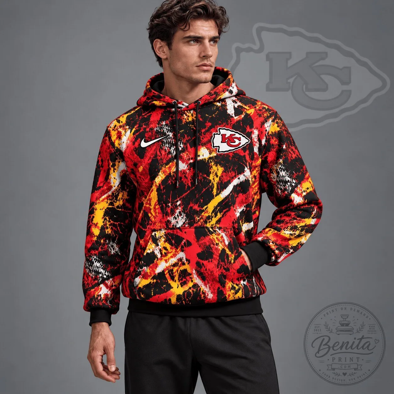 Kansas City Chiefs Distressed Brush Camo Team Crest Red and Yellow Hoodie