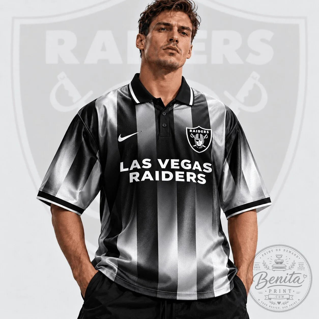 Las Vegas Raiders NFL Team Crest Vertical Stripe Retro Performance Polo Shirt