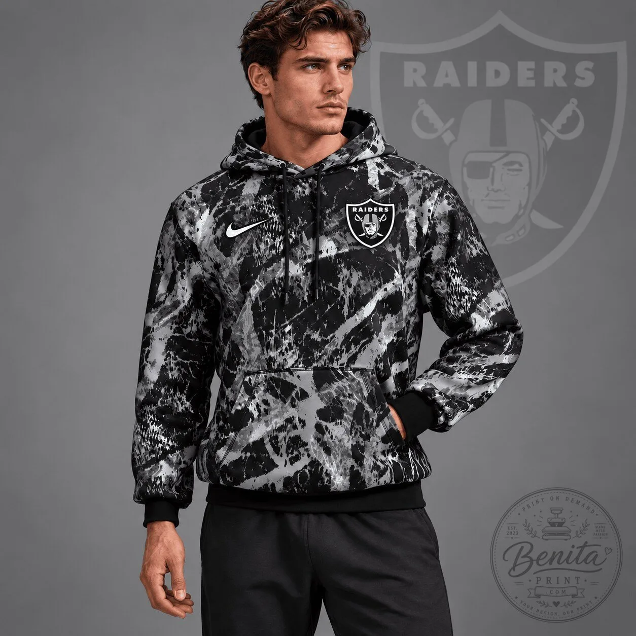 Las Vegas Raiders NFL Team Crest Distressed Brush Camo Hoodie