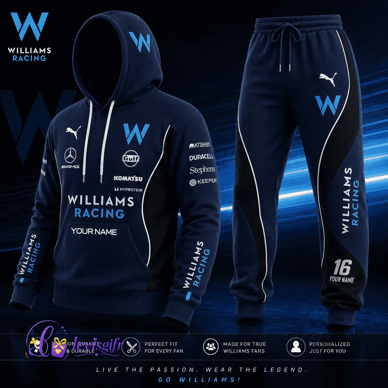 Williams Racing fan gift hoodie and pants set for racing enthusiasts