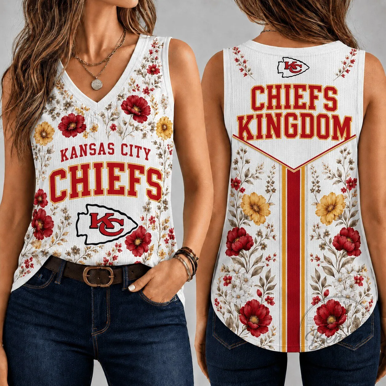 Kansas City Chiefs Floral Vintage Game Day Women's V-Neck Tank Top