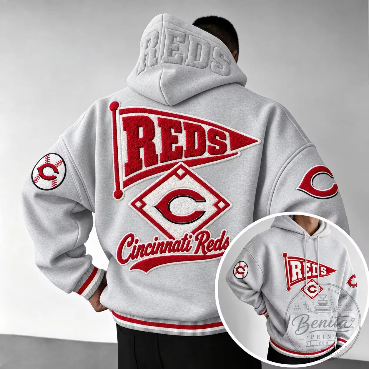 Cincinnati Reds Baseball Team Logo Oversized Gray Hoodie