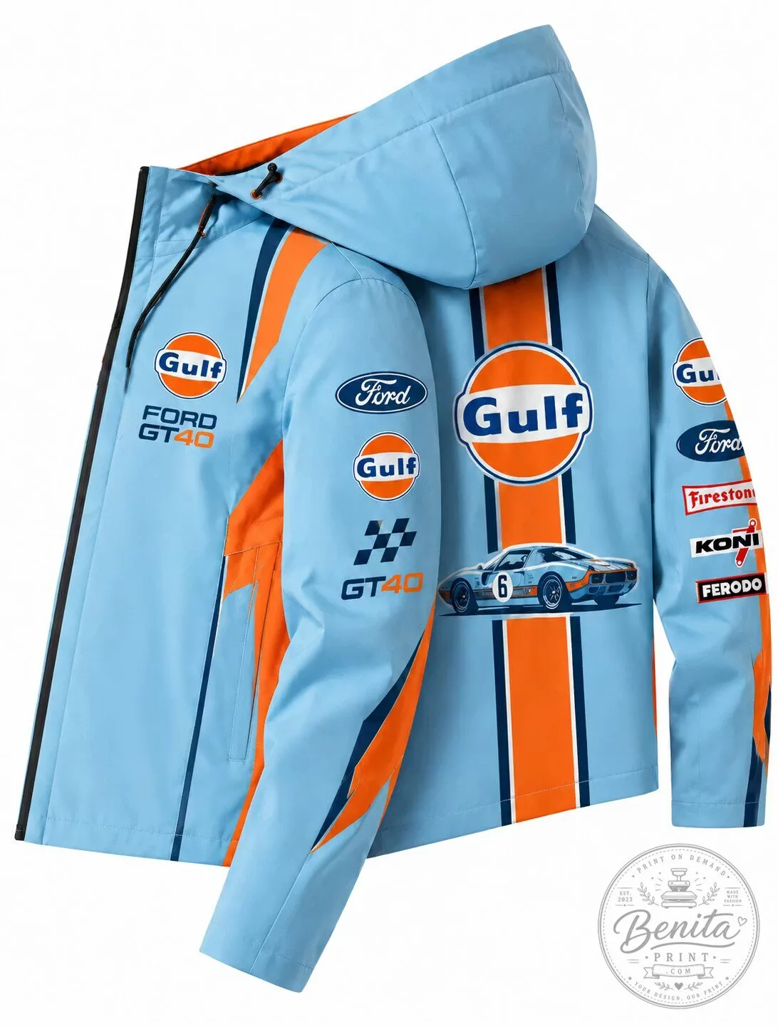 Gulf Oil Ford GT40 Racing Team Light Blue Hooded Jacket