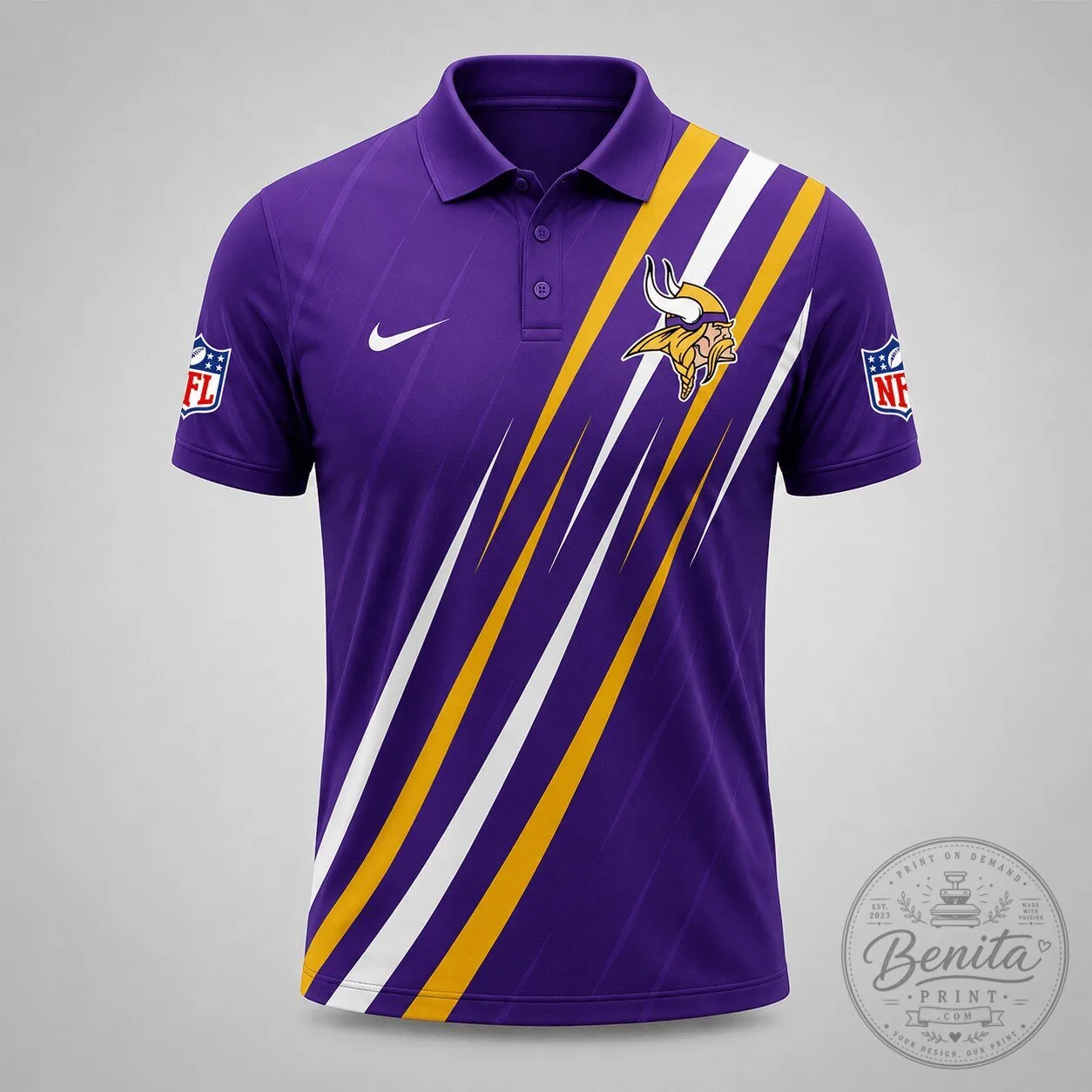 Minnesota Vikings NFL Premium Athletic Stripe Purple Polo Shirt