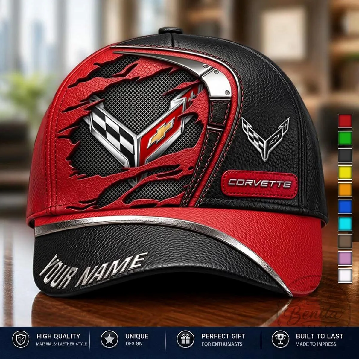 Corvette Racing Logo Personalized Red and Black Baseball Cap Hat