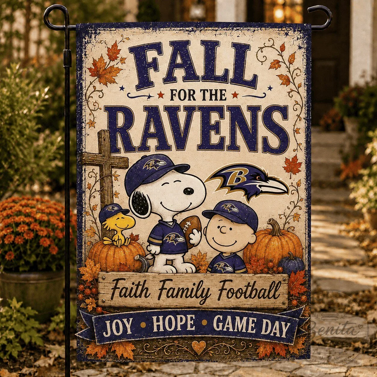 Baltimore Ravens Snoopy Peanuts Fall For The Ravens Football Garden Flag 2 Baltimore Ravens Snoopy Peanuts Fall For The Ravens Football Garden Flag