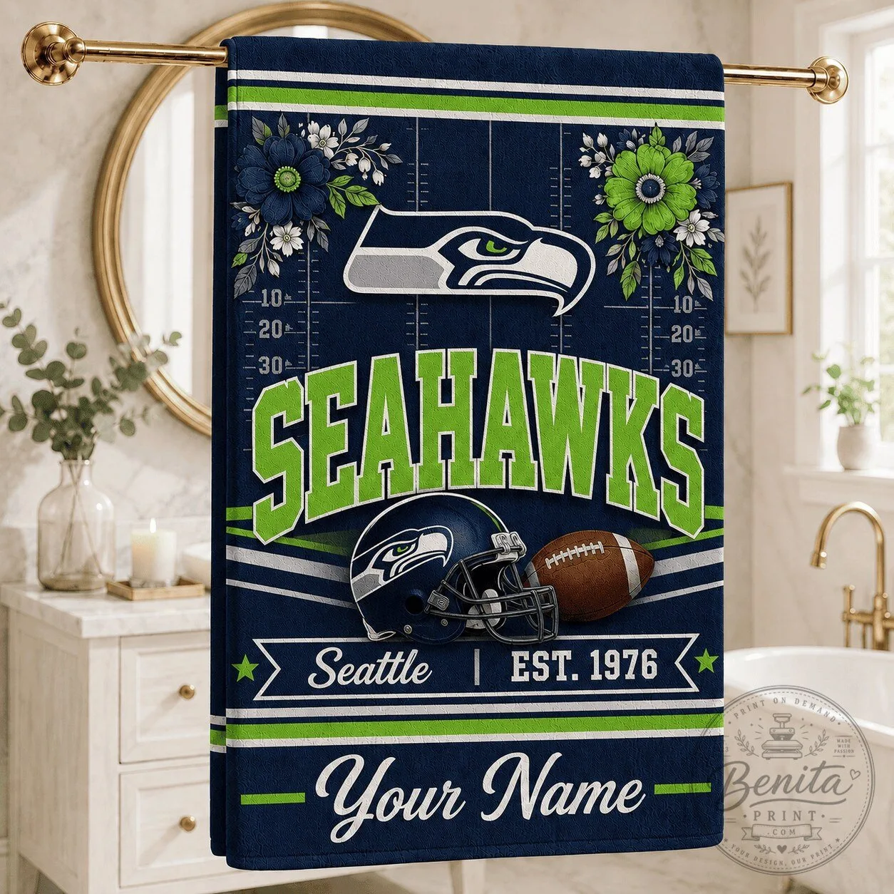 Seattle Seahawks Football Team Personalized Name Blue Green Floral Beach Towel