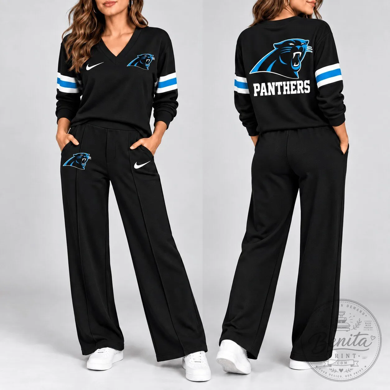 Carolina Panthers Women's Black V-Neck Lounge Set with Team Logo and Stripes