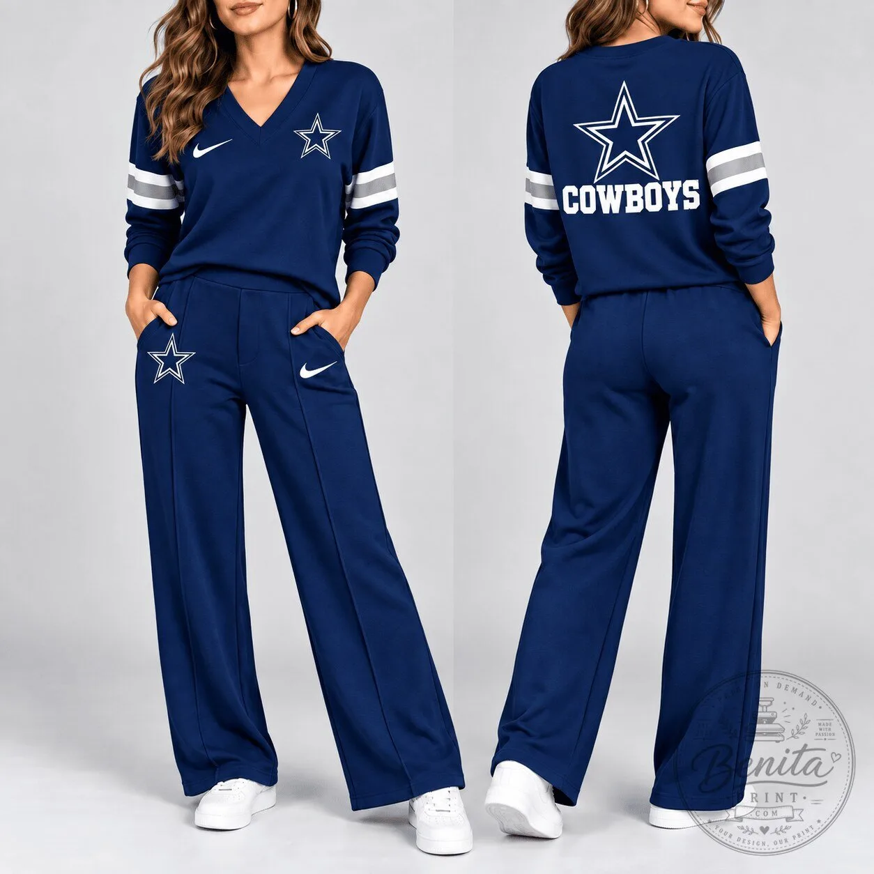 Dallas Cowboys Women's Navy Blue V-Neck Sweatshirt and Pants Lounge Set