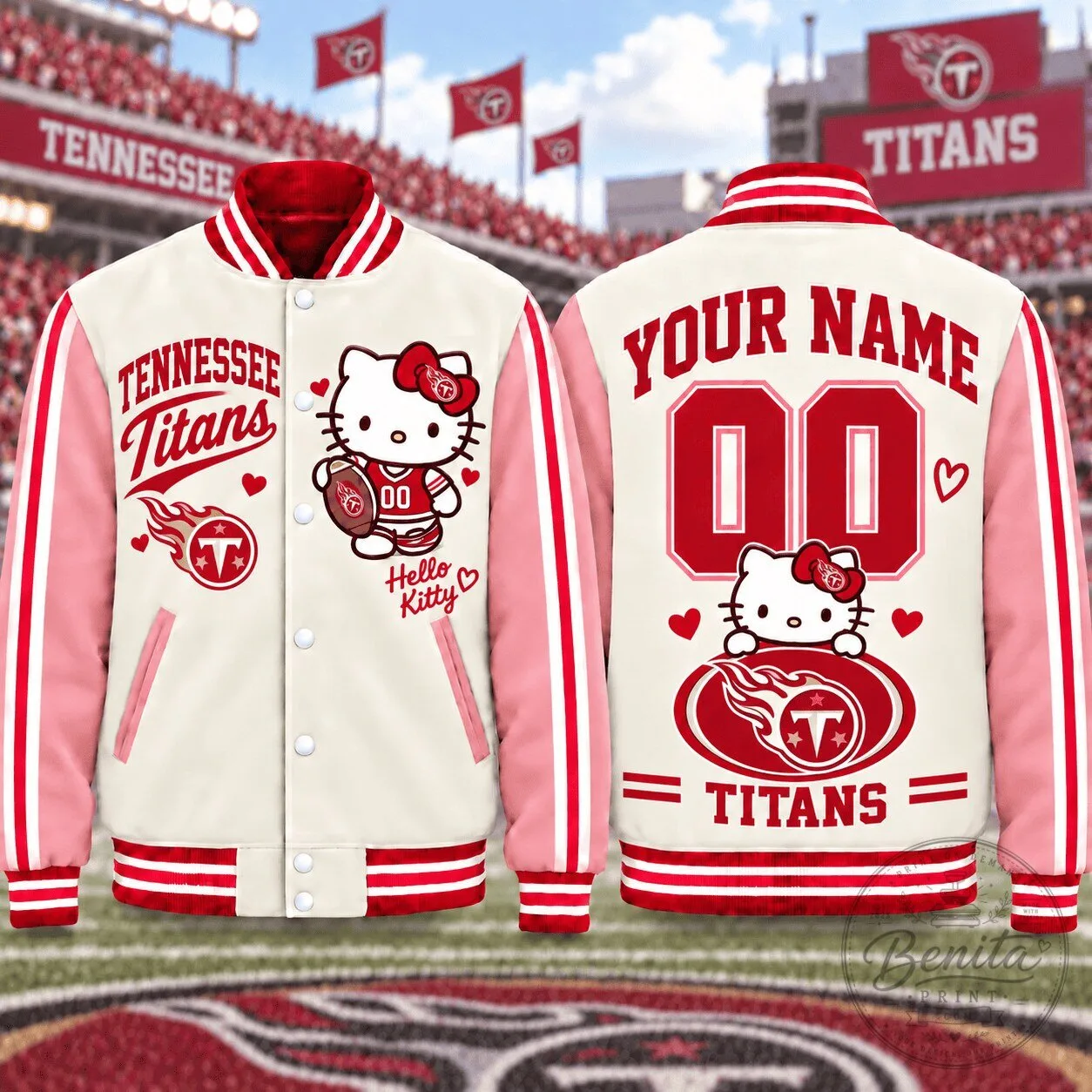 Tennessee Titans Hello Kitty Personalized Name Number Varsity Jacket