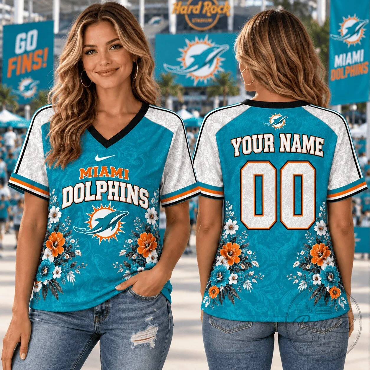 Miami Dolphins Personalized Floral V-Neck T-Shirt for 1D Fan