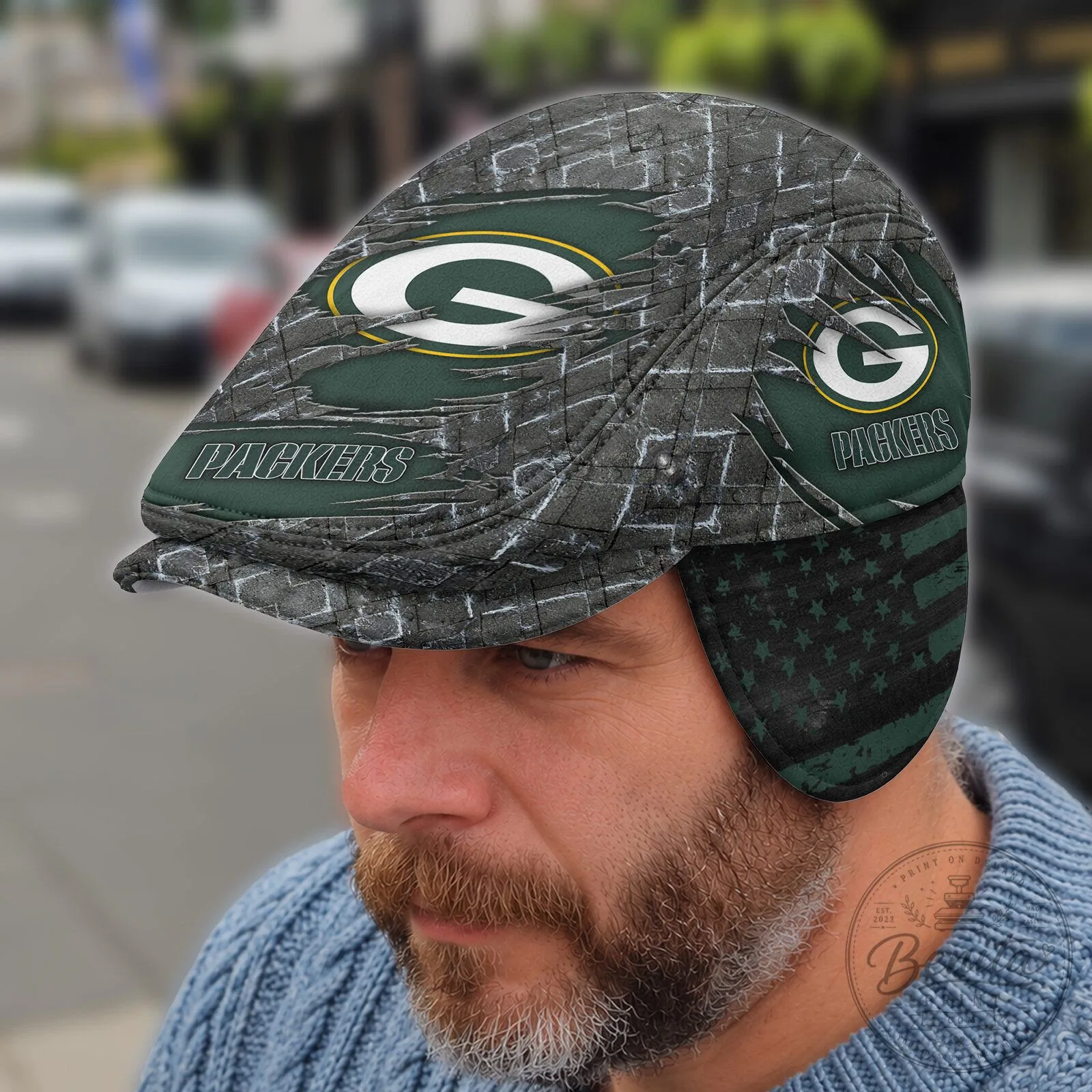Green Bay Packers Distressed Logo Flat Cap with Foldable Ear Flaps