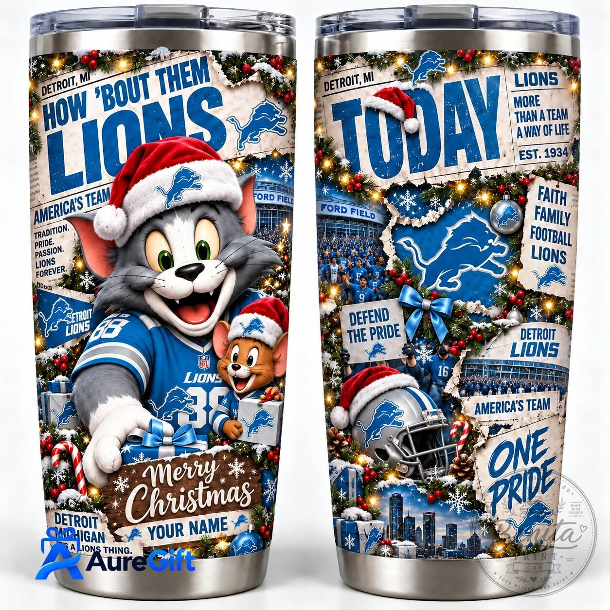 Detroit Lions Tom and Jerry Christmas Kickoff Personalized Tumbler