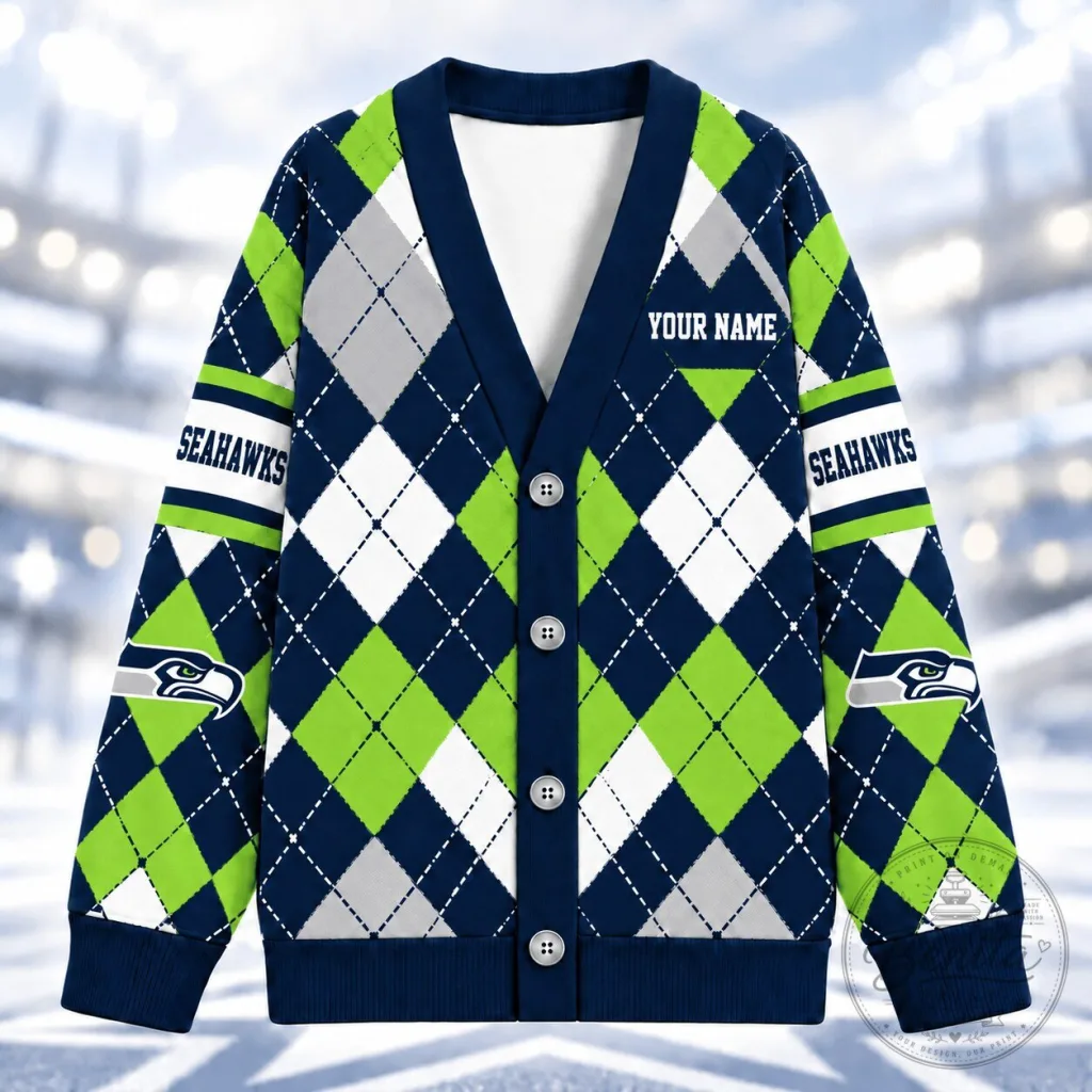 Seattle Seahawks Argyle Pattern Custom Name V-Neck Knitted Cardigan Seattle Seahawks Argyle Pattern Custom Name V-Neck Knitted Cardigan