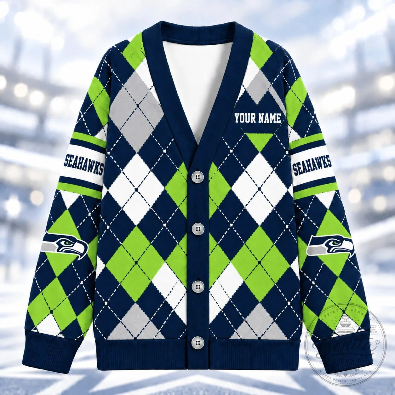 Seattle Seahawks Argyle Pattern Custom Name V-Neck Knitted Cardigan