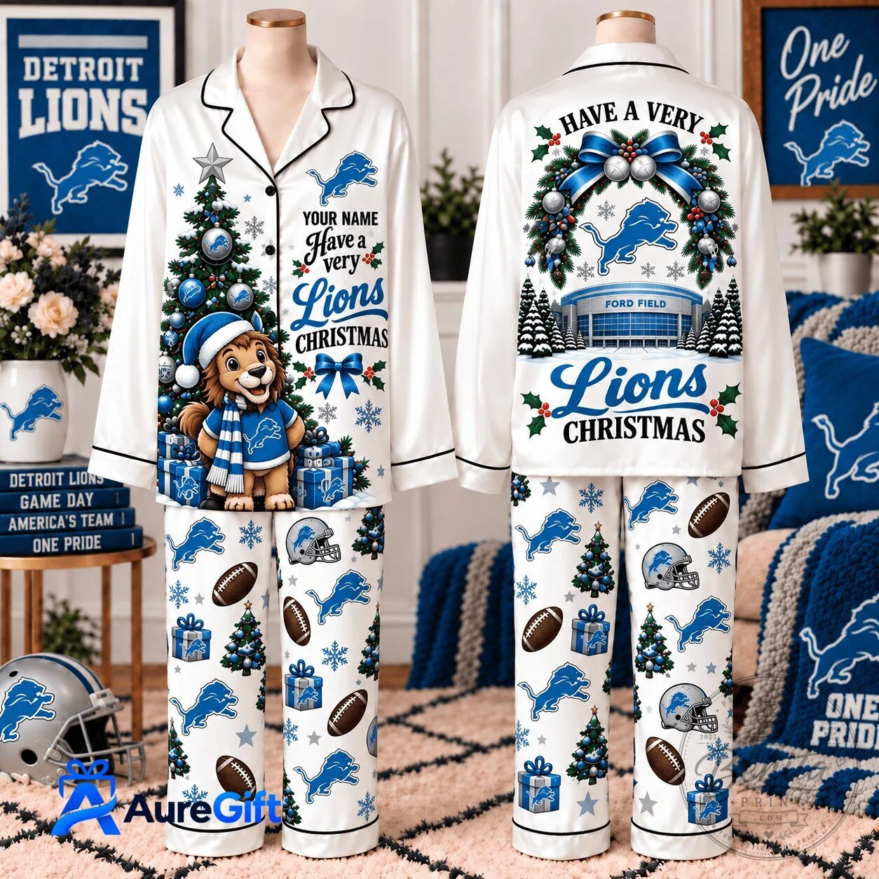 Detroit Lions Christmas Personalized Pajamas Set for Adults