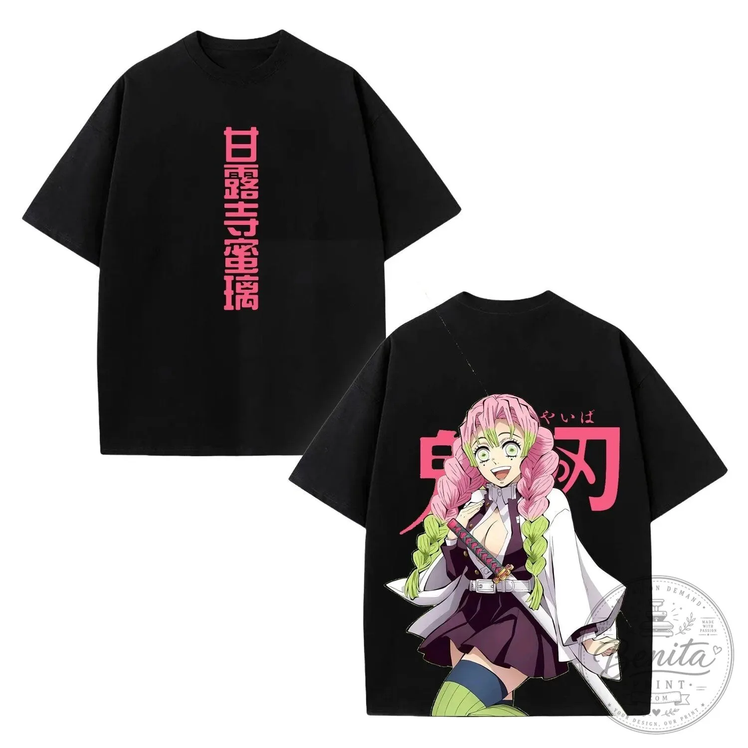 Black Graphic Tee Inspired by Mitsuri Kanroji from Demon Slayer Anime