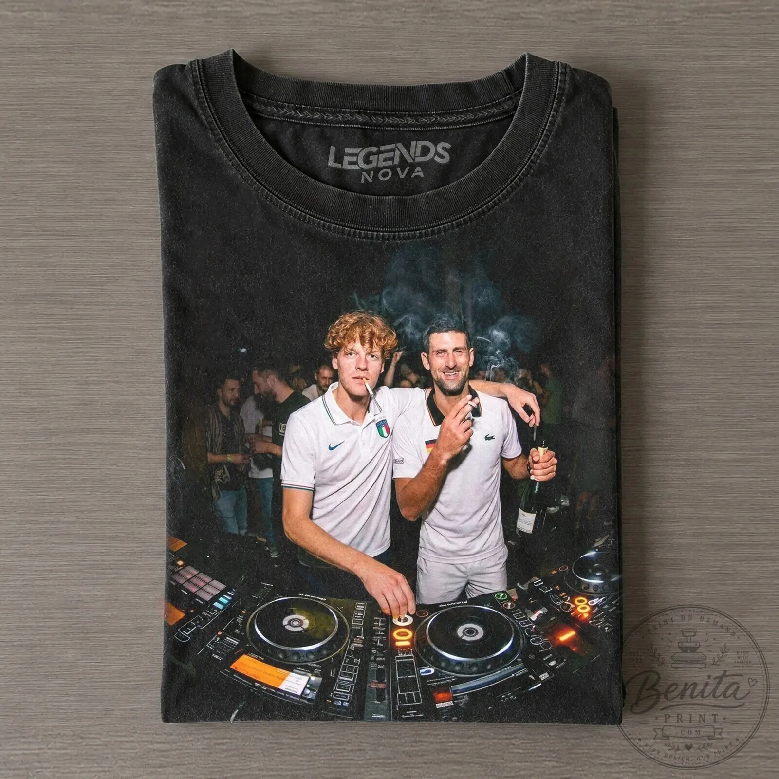 DJ Party T-Shirt Featuring Tennis Stars Novak Djokovic and Jannik Sinner