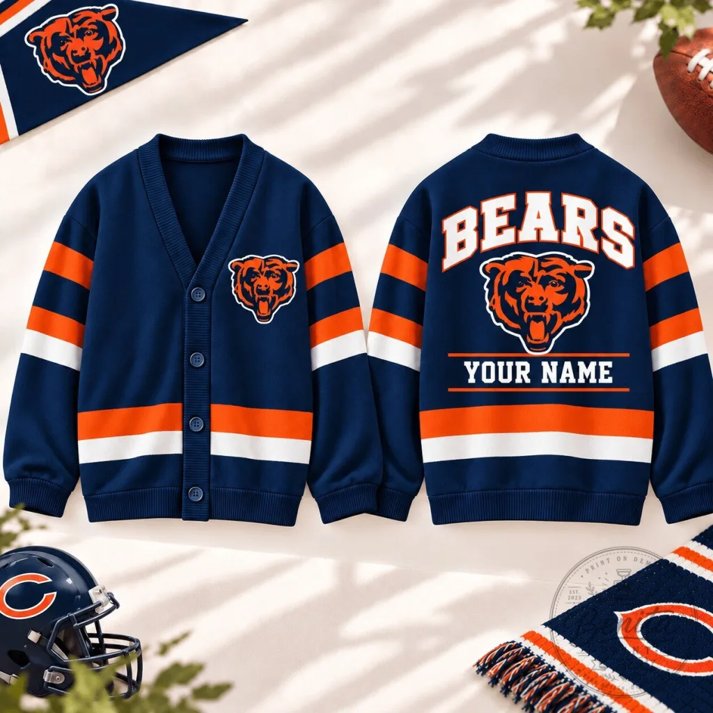 Chicago Bears Personalized V-Neck Knitted Cardigan Sweater