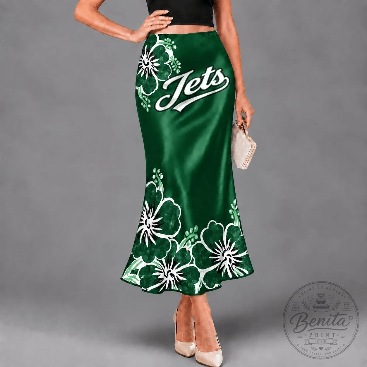 New York Jets NFL Hibiscus Floral Print High-Waisted Maxi Skirt