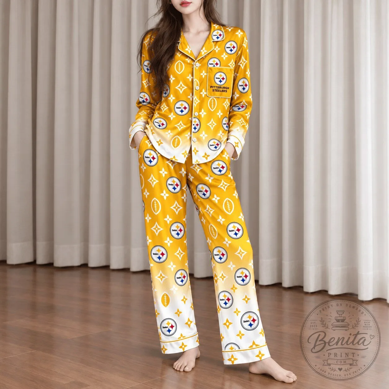 Pittsburgh Steelers NFL Football Team Gold Ombre Monogram Long Sleeve Pajamas
