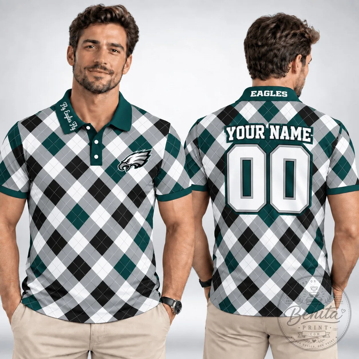 Philadelphia Eagles Personalized Argyle Pattern Polo Shirt