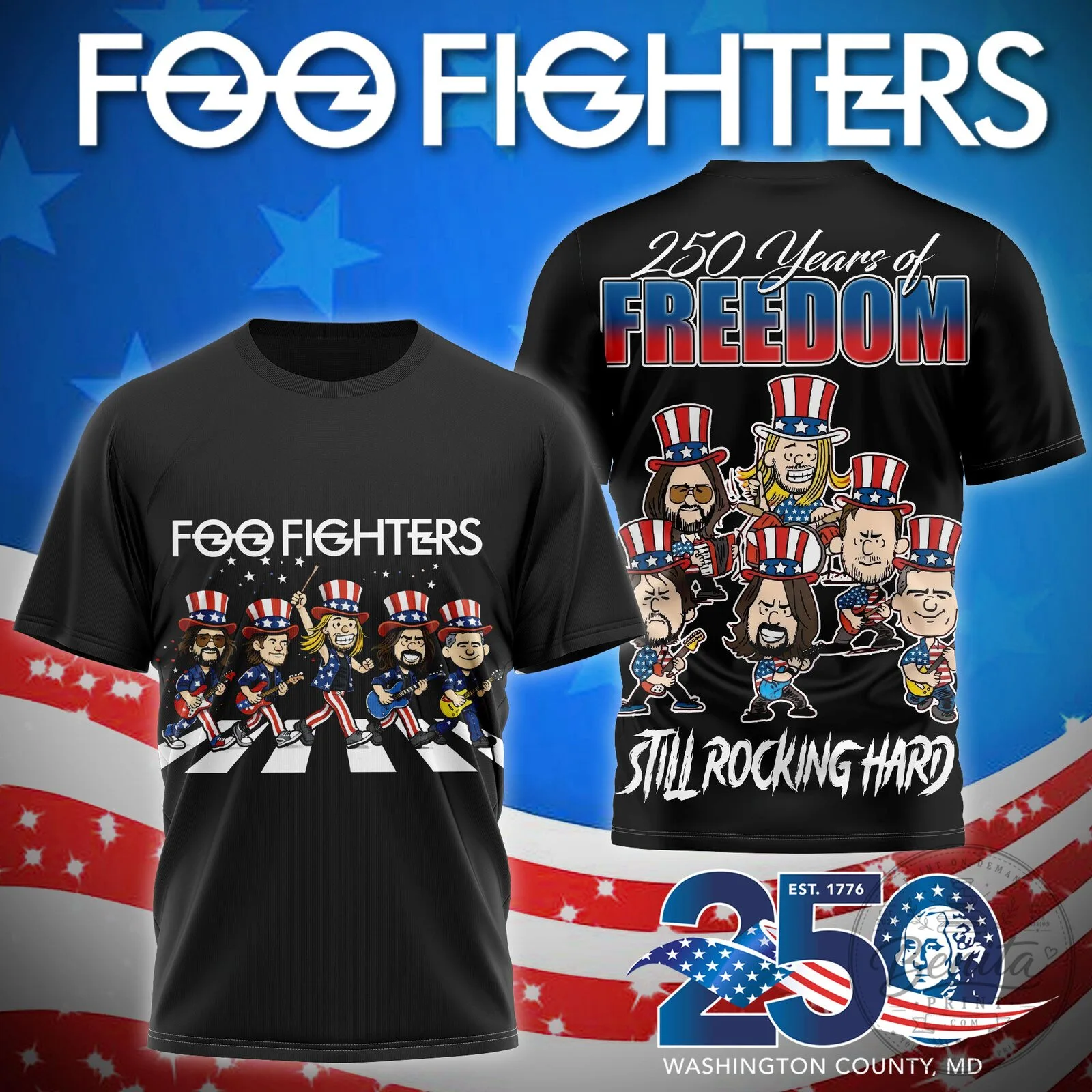 Fourth of July Foo Fighters Band Members Patriotic Cartoon Black T-Shirt
