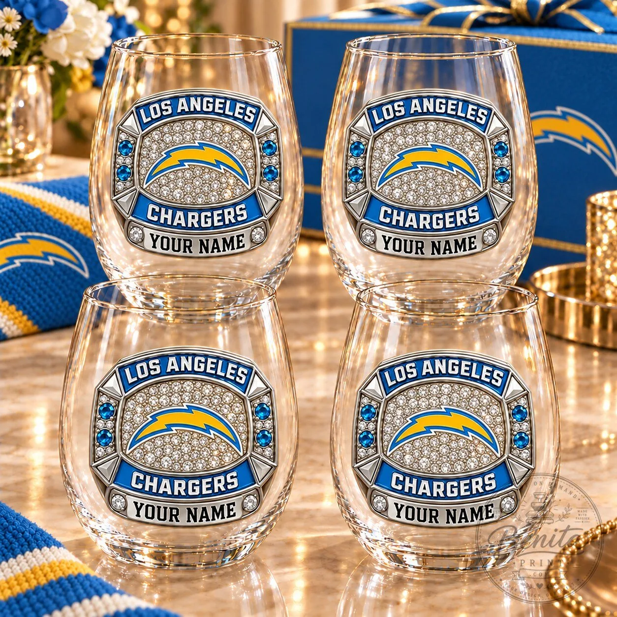 Los Angeles Chargers Personalized Stemless Wine Glass Set of Four