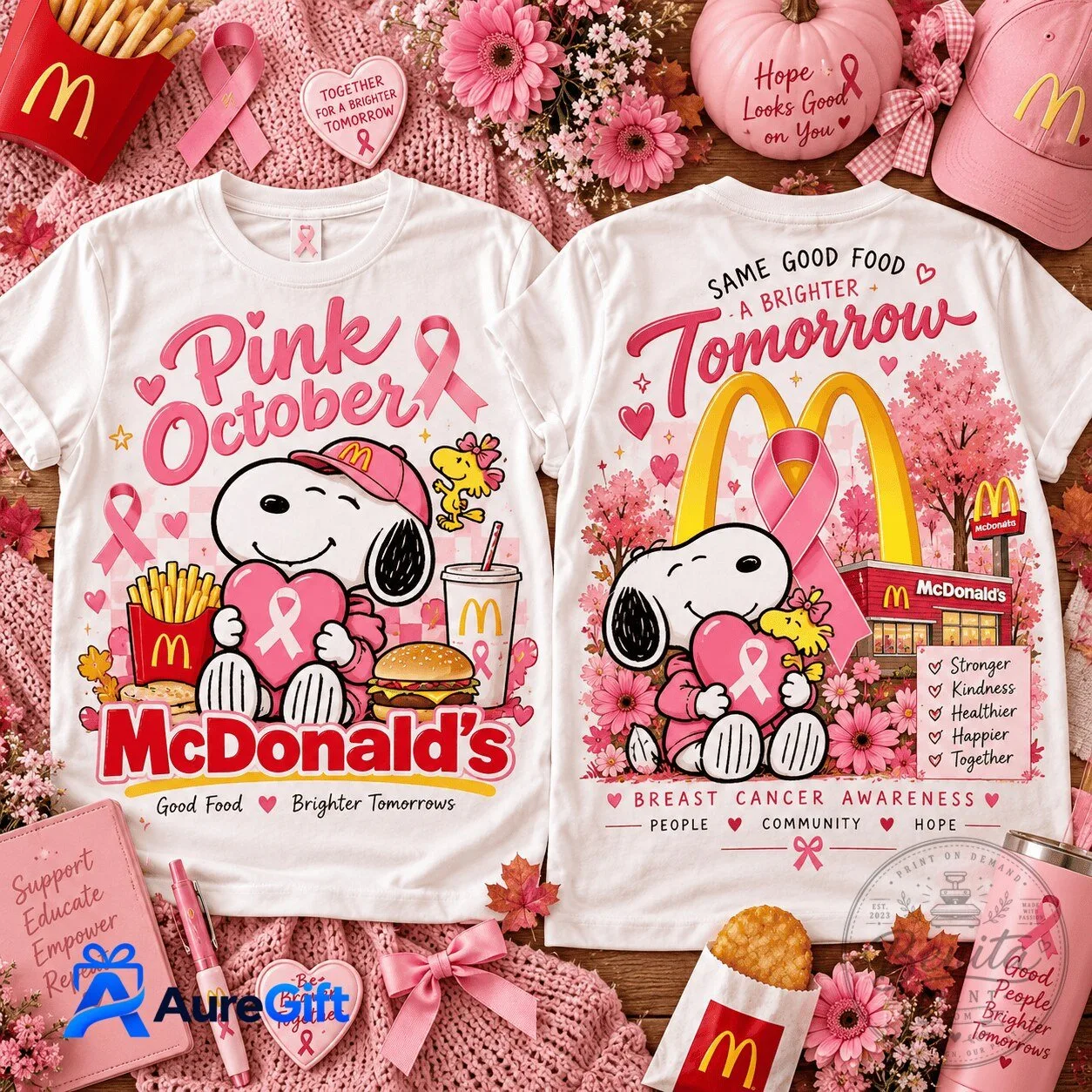 Breast Cancer Awareness Snoopy McDonald's Pink October T-Shirt
