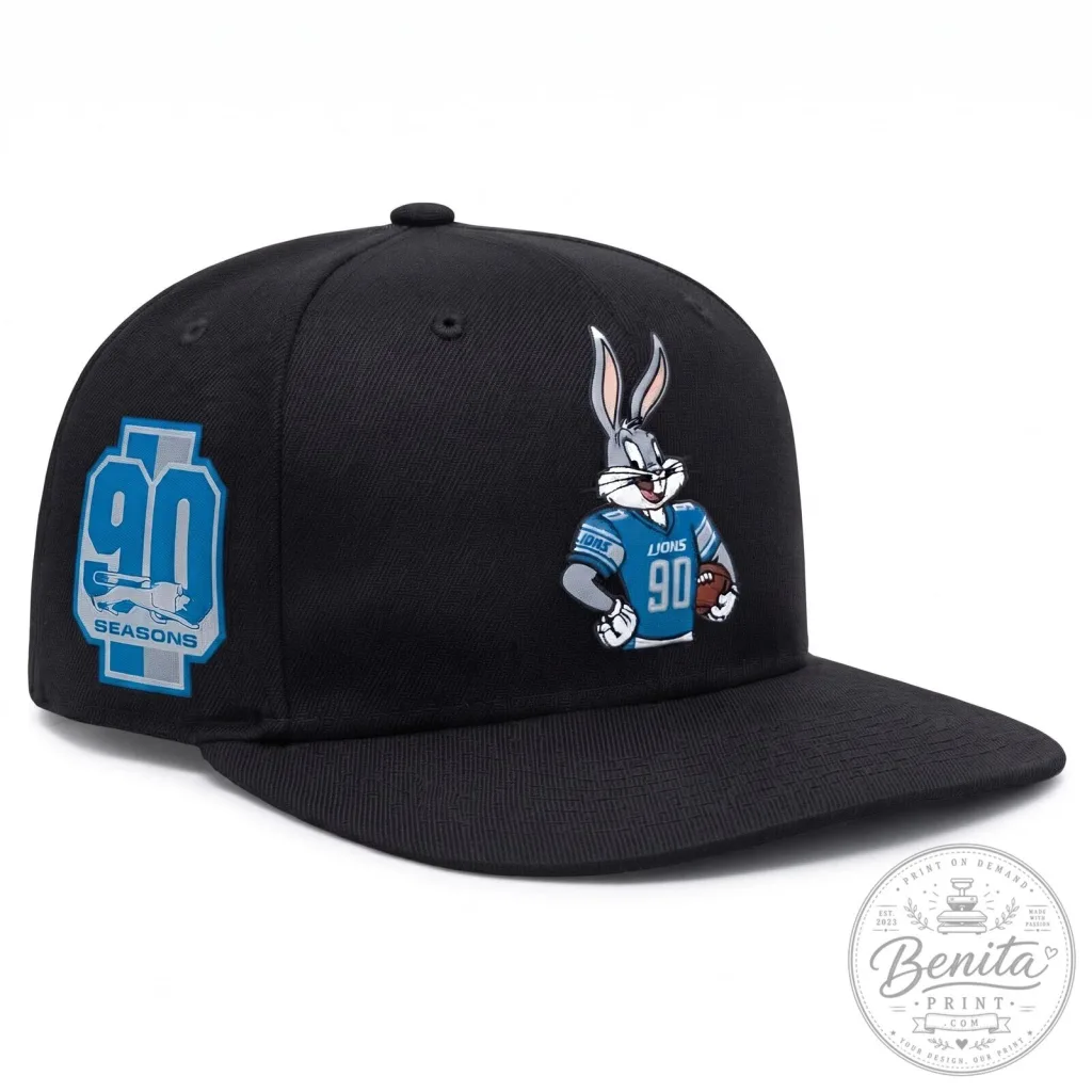 Black Snapback Hat for Detroit Lions 90 Seasons Featuring Bugs Bunny Black Snapback Hat for Detroit Lions 90 Seasons Featuring Bugs Bunny