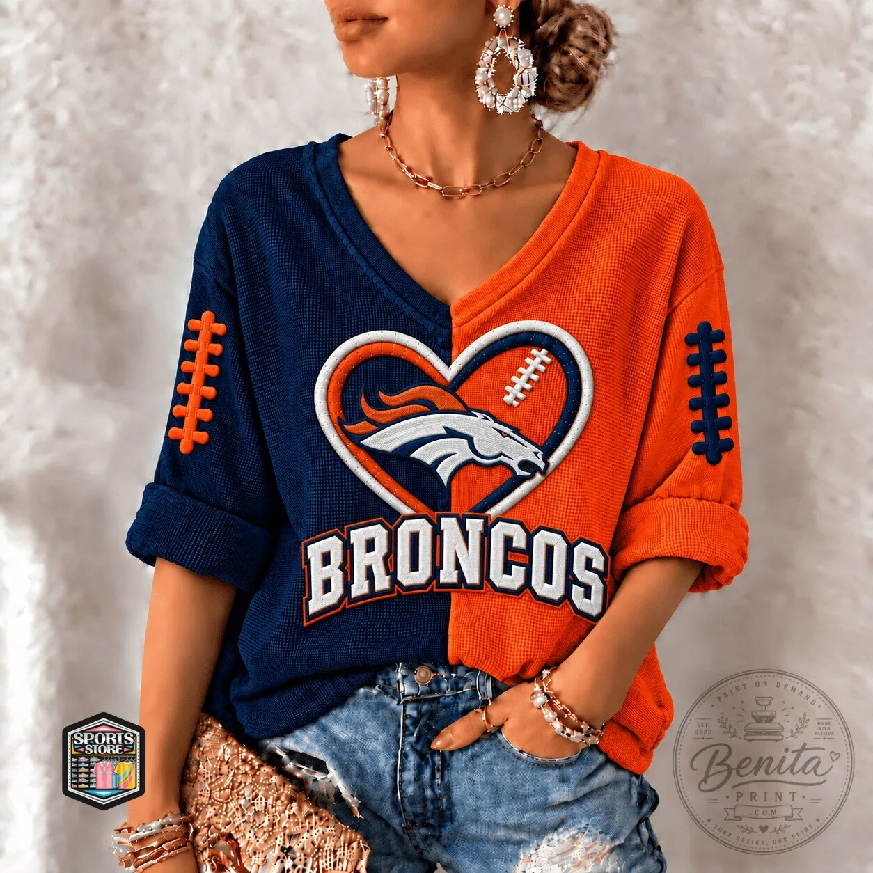 Denver Broncos Football Heart Logo Split Color V-Neck T-Shirt