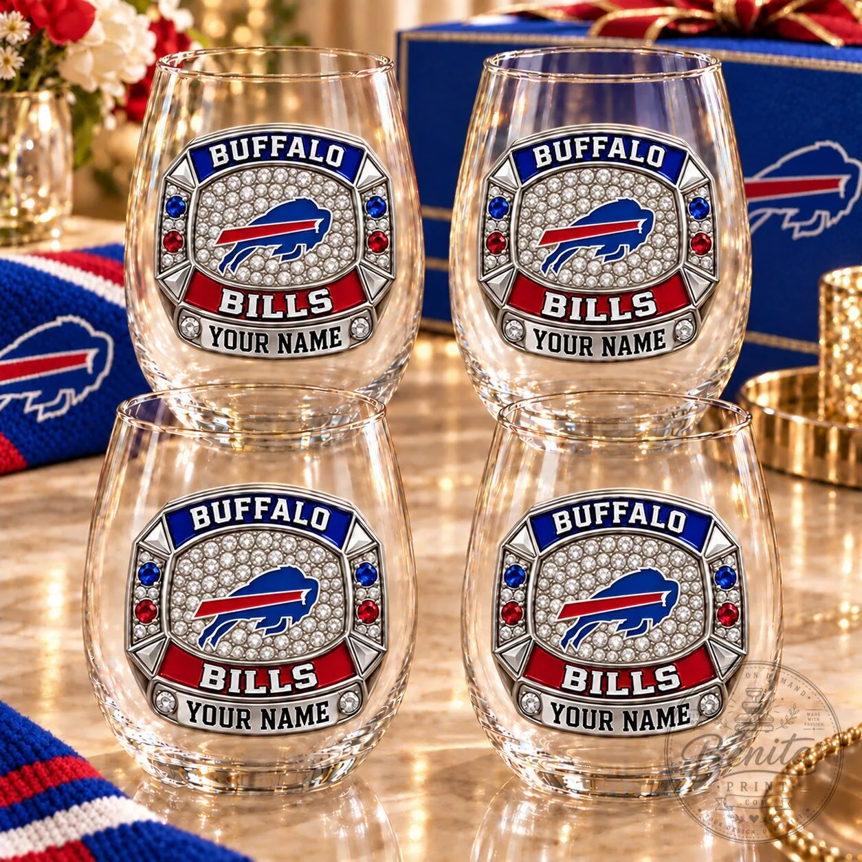 Buffalo Bills Personalized Stemless Wine Glass Set of Four Custom Name Drinking Glasses