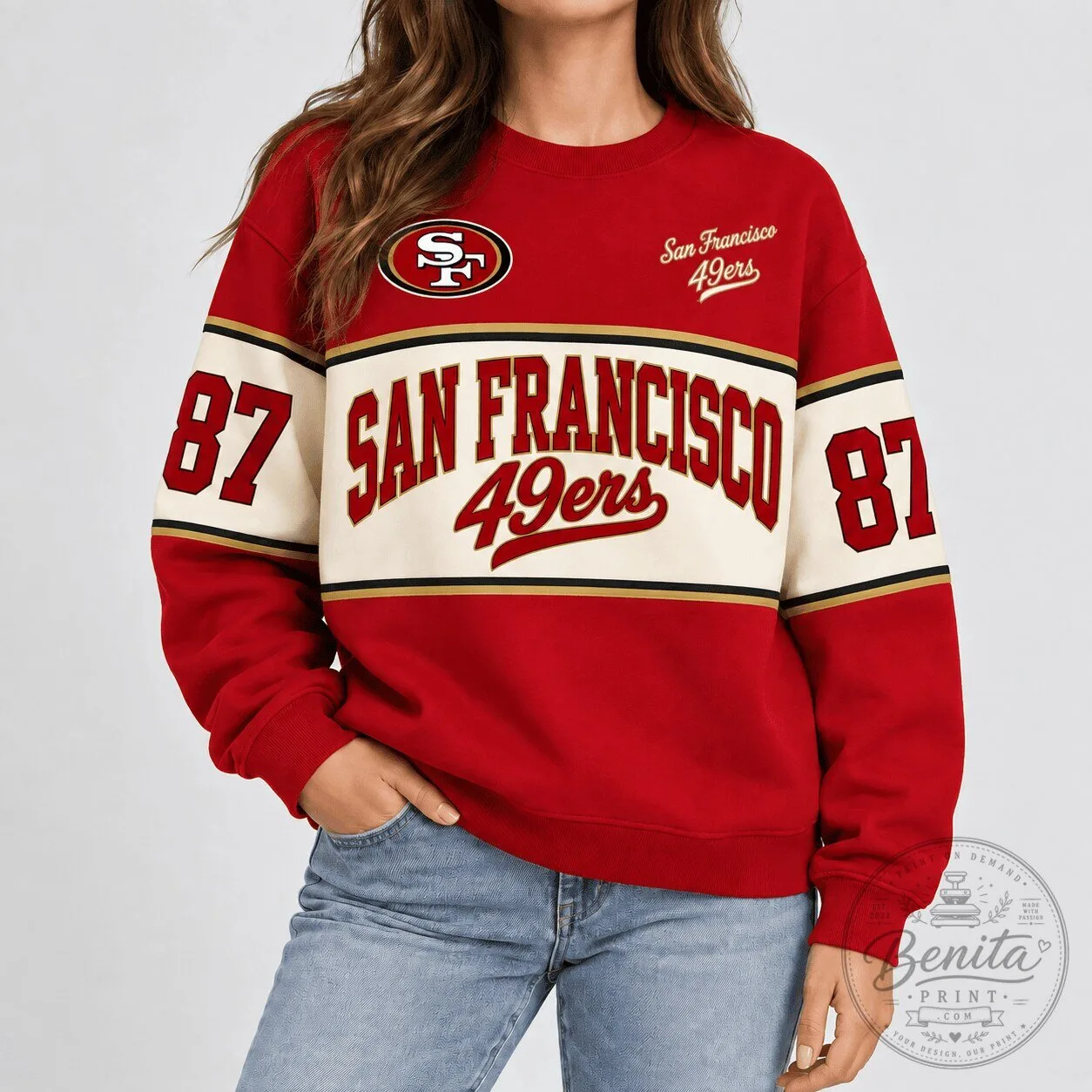 San Francisco 49ers NFL Football Team Red and Cream Varsity Sweatshirt