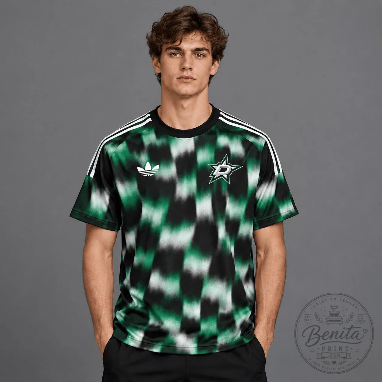 Dallas Stars Adidas Blurred Checkered Streetwear T-Shirt