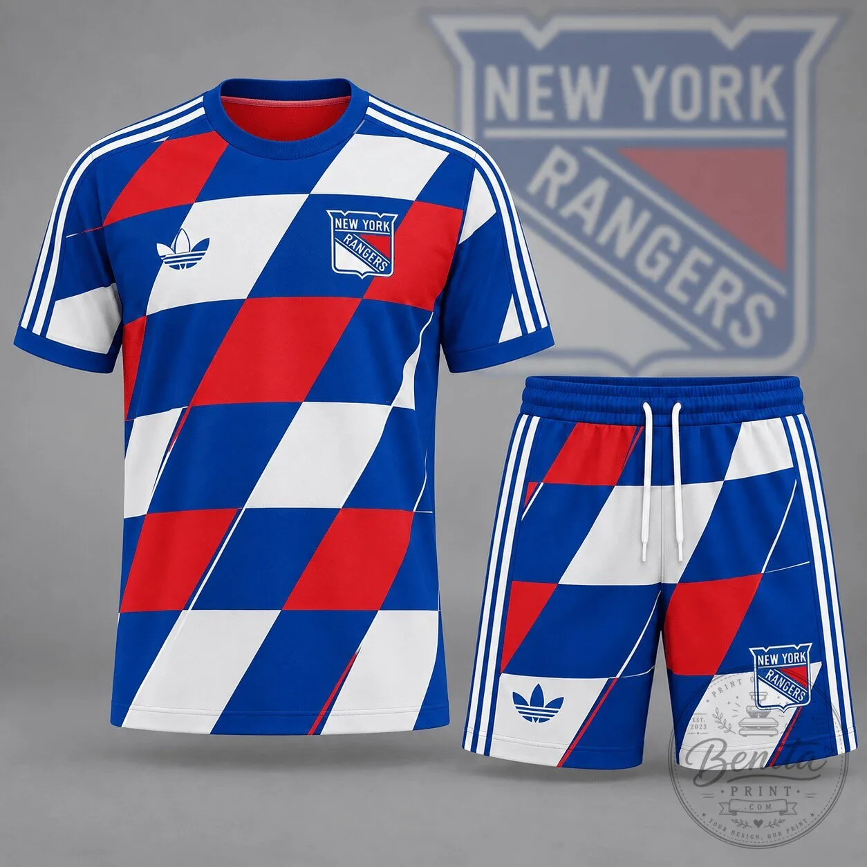 New York Rangers Geometric Colorblock Pattern Adidas Inspired T-Shirt and Shorts Set