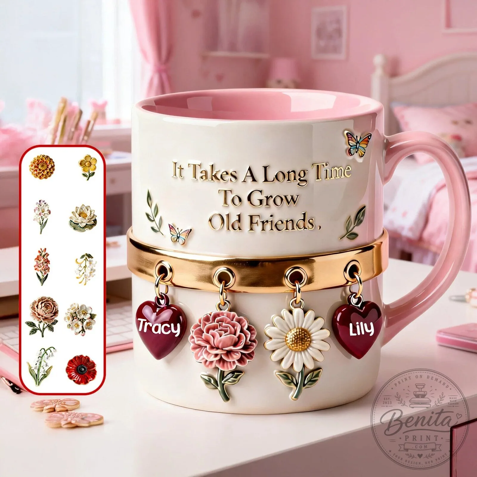Personalized Birth Month Flower Coffee Mug with Custom Names and Charms