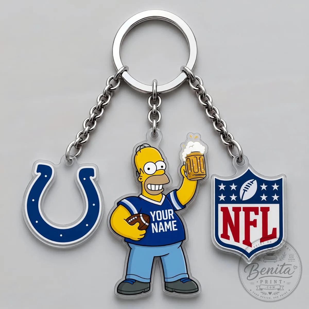 Indianapolis Colts Homer Simpson NFL Football Team Custom Name Triple Charm Keychain 3 Indianapolis Colts Homer Simpson NFL Football Team Custom Name Triple Charm Keychain