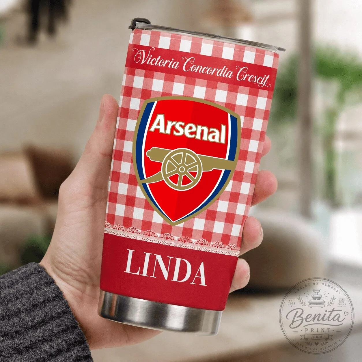 Arsenal Football Club Personalized Red Gingham Pattern Stainless Steel Tumbler