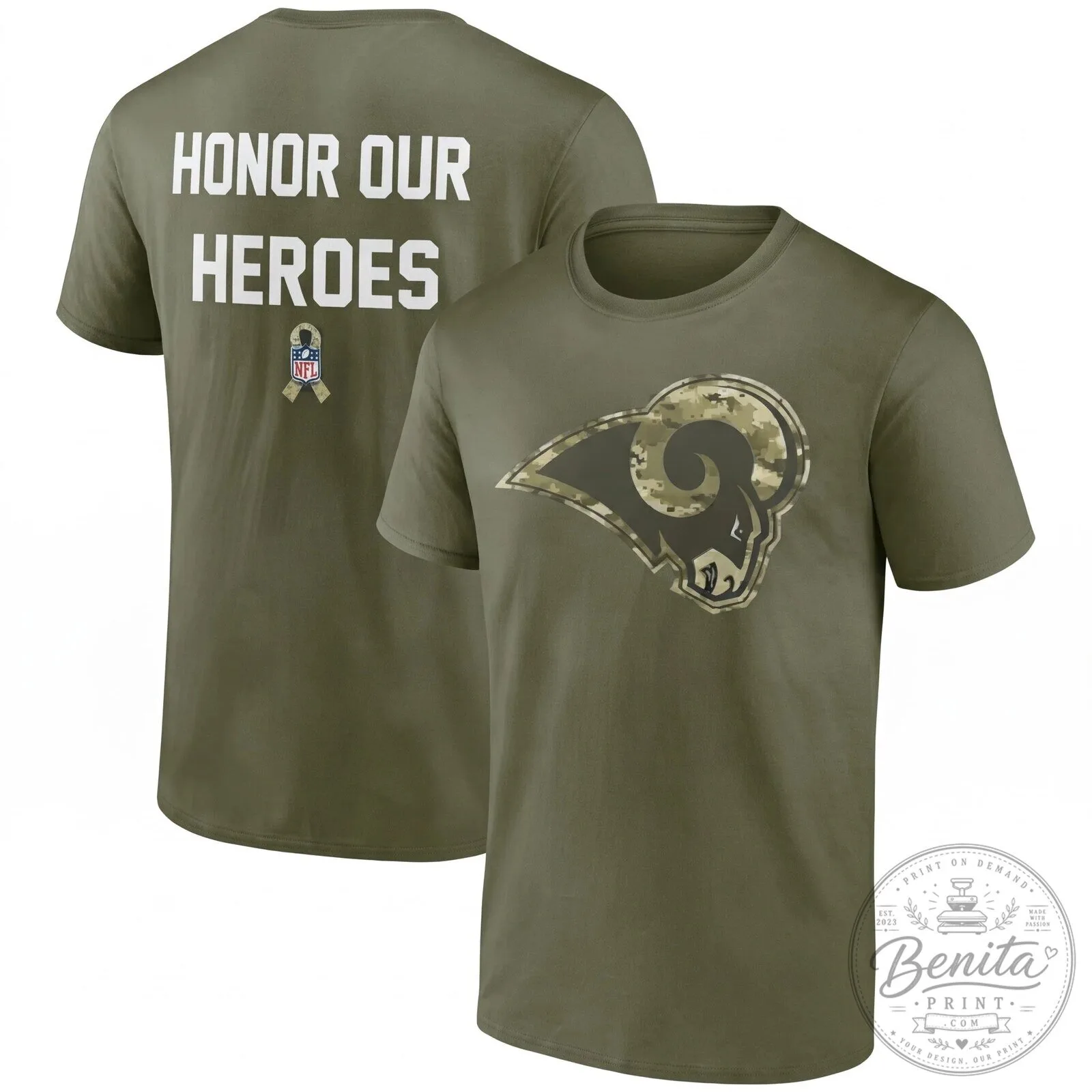 Los Angeles Rams Salute To Service Honor Our Heroes Military Green T-Shirt