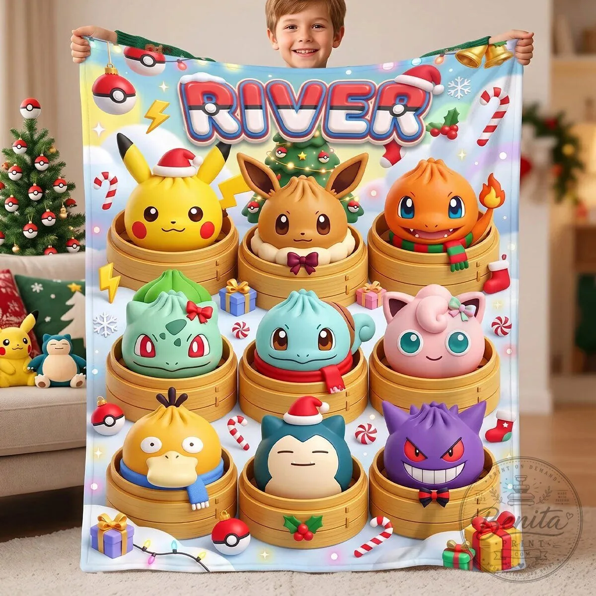 Pokemon Dumpling Christmas Holiday Personalized Blanket