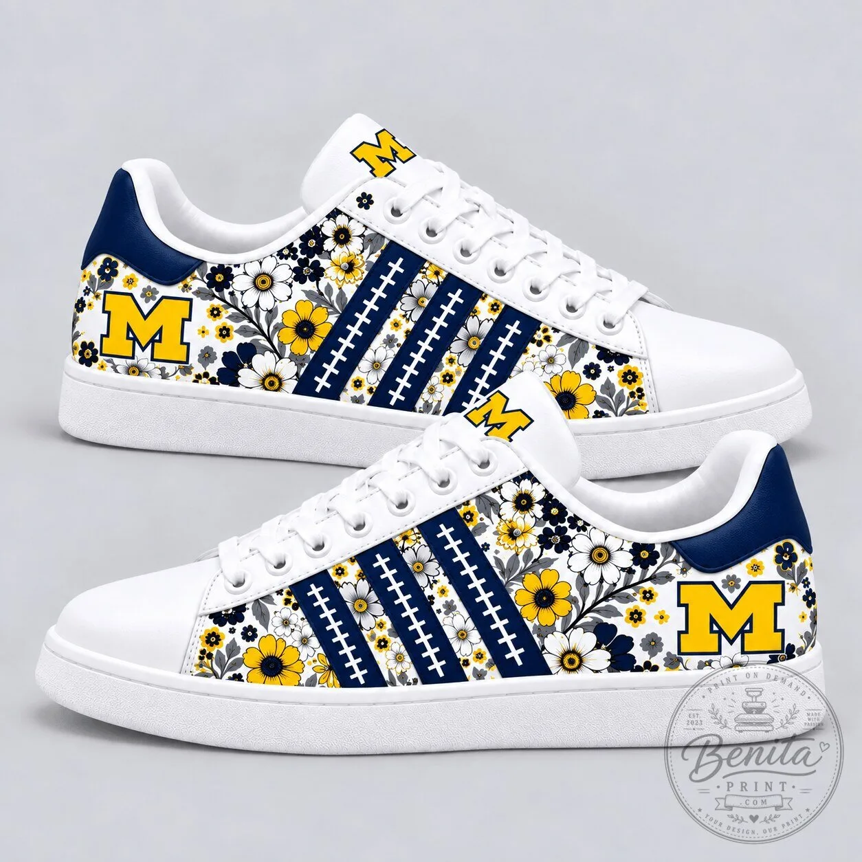 Michigan Wolverines Floral Pattern White and Blue Football Design Shoes 2 Michigan Wolverines Floral Pattern White and Blue Football Design Shoes