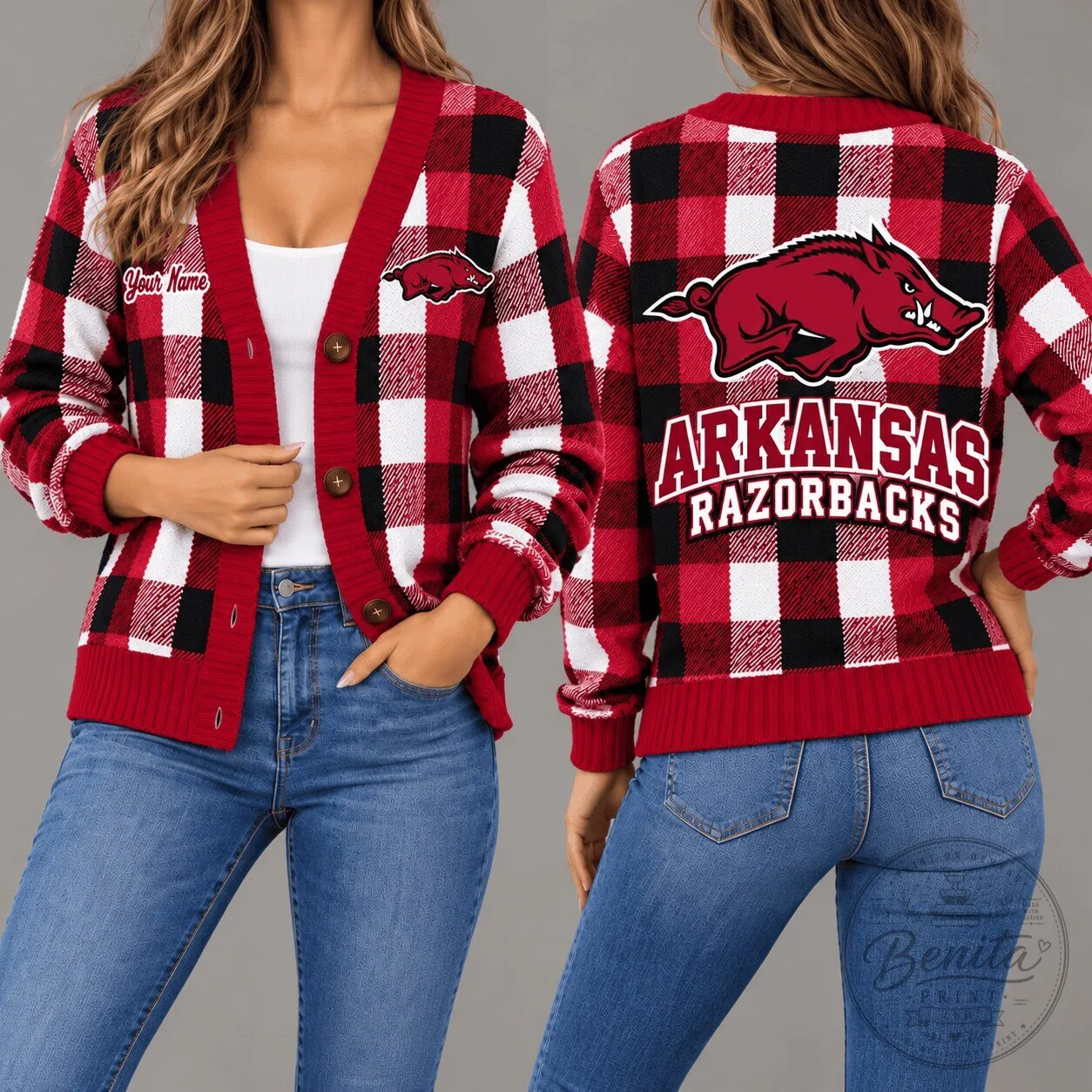 Arkansas Razorbacks Plaid Pattern Personalized Cardigan Sweater