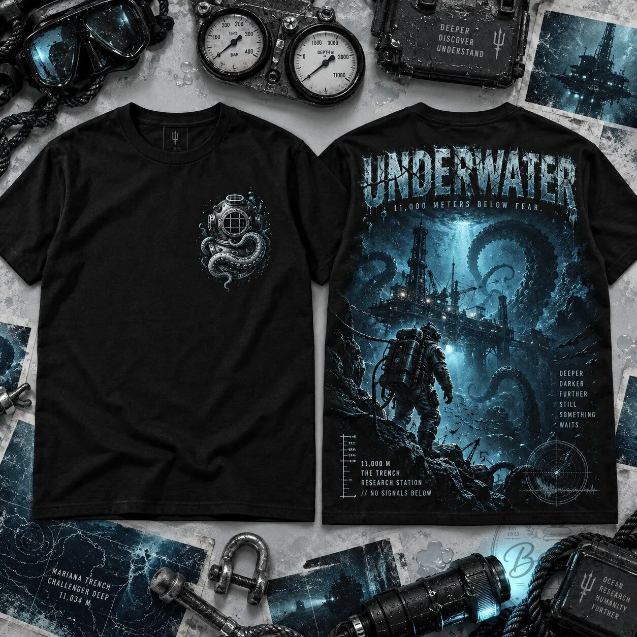 Underwater 11,000 Meters Below Fear Deep Sea Horror Graphic T-Shirt 1 Underwater 11,000 Meters Below Fear Deep Sea Horror Graphic T-Shirt