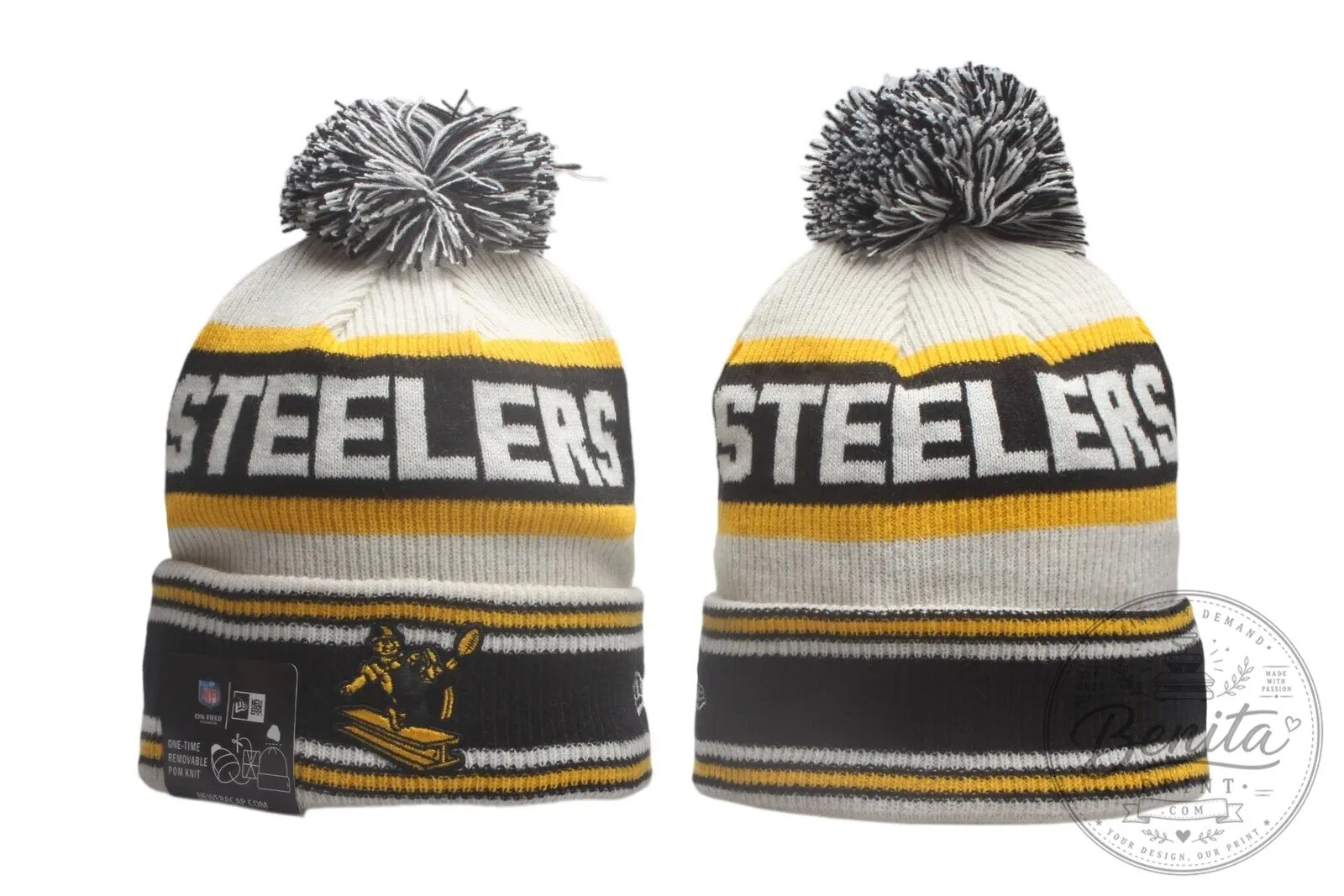 Pittsburgh Steelers White Black Yellow Striped Knit Pom Beanie Hat 5 Pittsburgh Steelers White Black Yellow Striped Knit Pom Beanie Hat