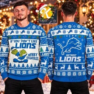 Detroit Lions Grinch Merry Kissmyass Christmas Holiday Sweater